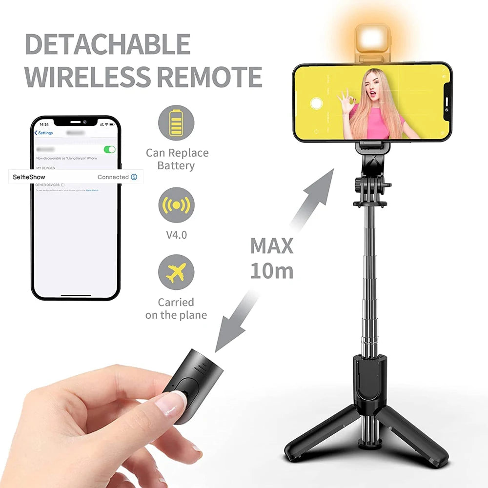 Trípode Selfie Stick Bluetooth con Luz LED y Control Remoto