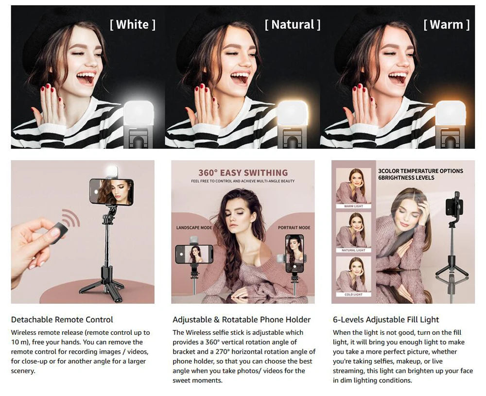 Trípode Selfie Stick Bluetooth con Luz LED y Control Remoto